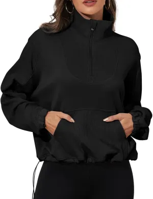PrettyGuide Womens Scuba Cropped Half Zip Sweatshirt Pullover Stand Collar Ribbed Quarter Zip Hoodies with Pocket