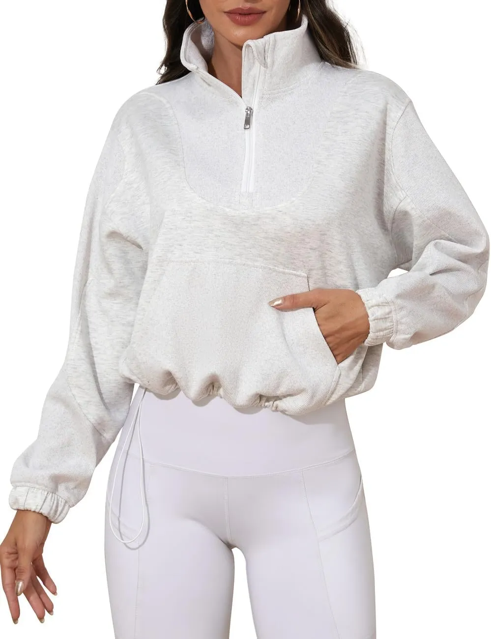 PrettyGuide Womens Scuba Cropped Half Zip Sweatshirt Pullover Stand Collar Ribbed Quarter Zip Hoodies with Pocket