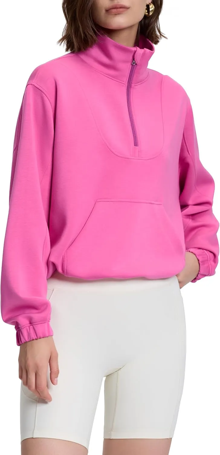PrettyGuide Womens Scuba Cropped Half Zip Sweatshirt Pullover Stand Collar Ribbed Quarter Zip Hoodies with Pocket