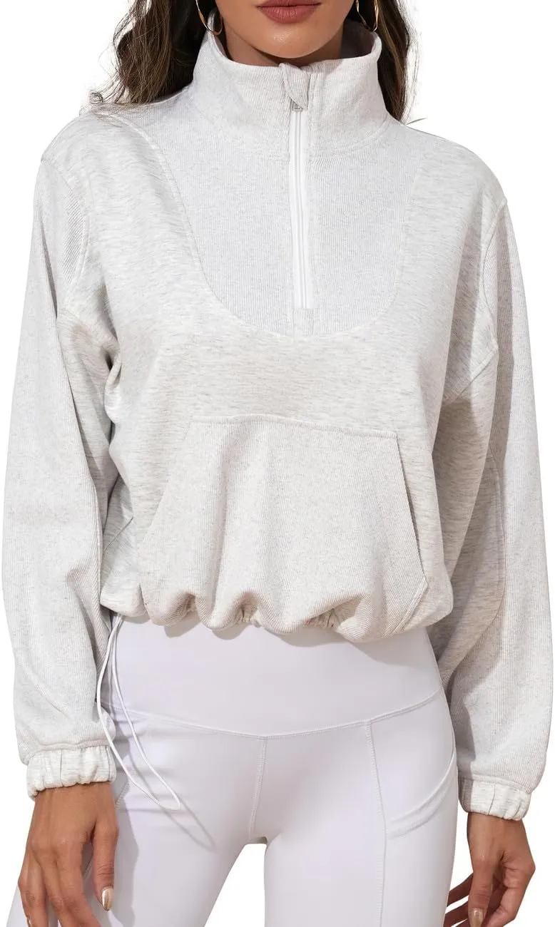 PrettyGuide Womens Scuba Cropped Half Zip Sweatshirt Pullover Stand Collar Ribbed Quarter Zip Hoodies with Pocket