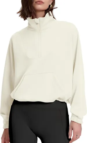 PrettyGuide Womens Scuba Cropped Half Zip Sweatshirt Pullover Stand Collar Ribbed Quarter Zip Hoodies with Pocket