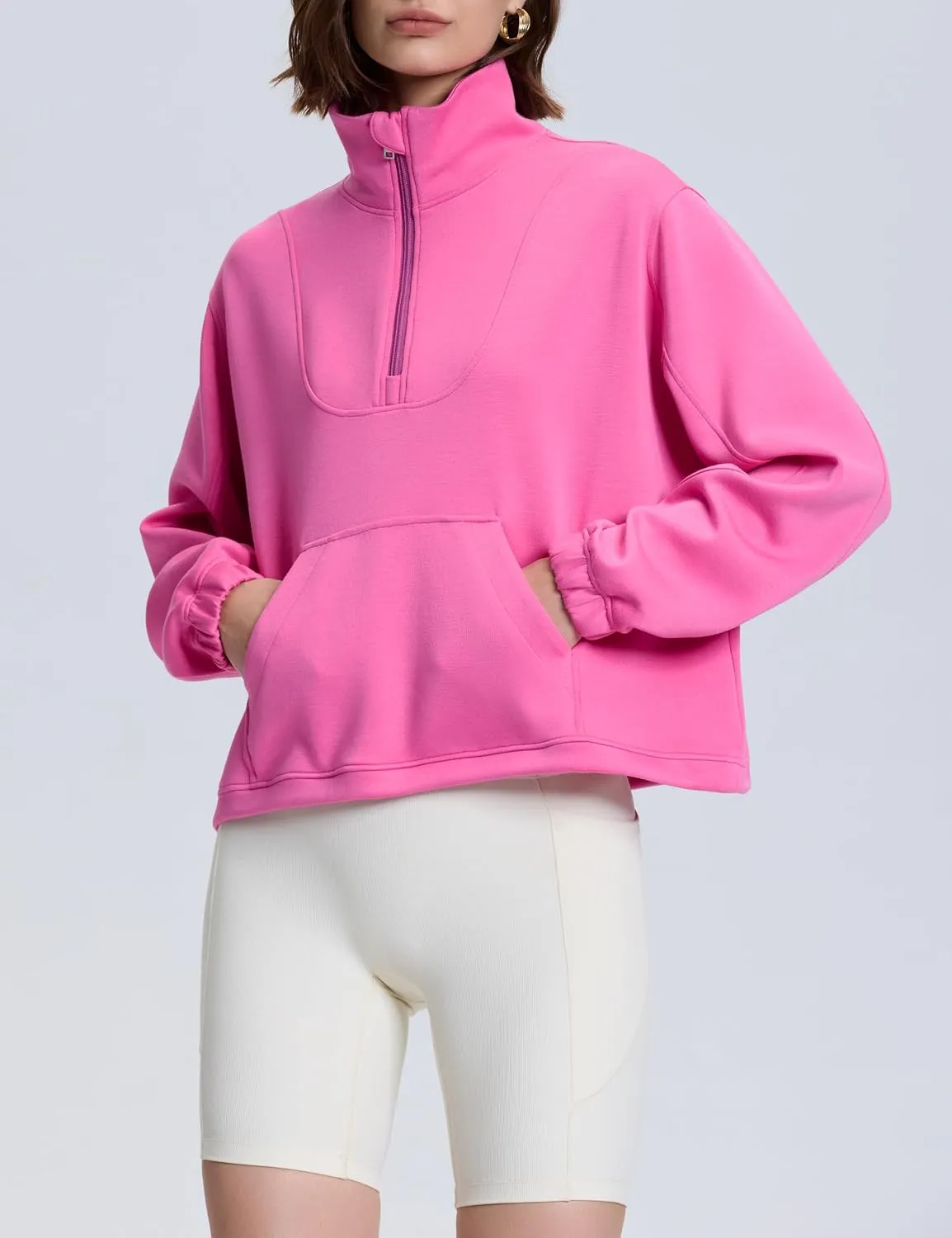 PrettyGuide Womens Scuba Cropped Half Zip Sweatshirt Pullover Stand Collar Ribbed Quarter Zip Hoodies with Pocket