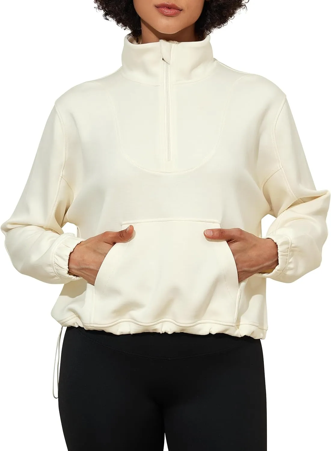 PrettyGuide Womens Scuba Cropped Half Zip Sweatshirt Pullover Stand Collar Ribbed Quarter Zip Hoodies with Pocket