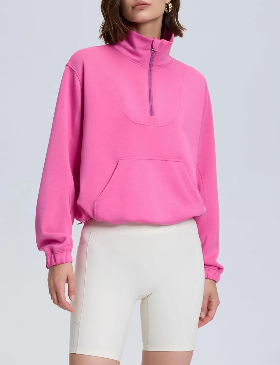 PrettyGuide Womens Scuba Cropped Half Zip Sweatshirt Pullover Stand Collar Ribbed Quarter Zip Hoodies with Pocket