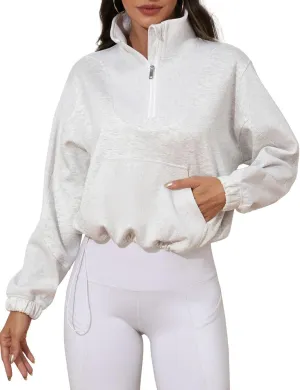 PrettyGuide Womens Scuba Cropped Half Zip Sweatshirt Pullover Stand Collar Ribbed Quarter Zip Hoodies with Pocket