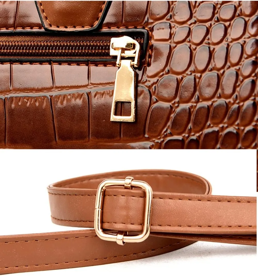 PU Leather Purses and Handbags Crossbody for Women Fashion Crocodile Pattern Top Handle Satchel Purse Set 3pcs (Brown)