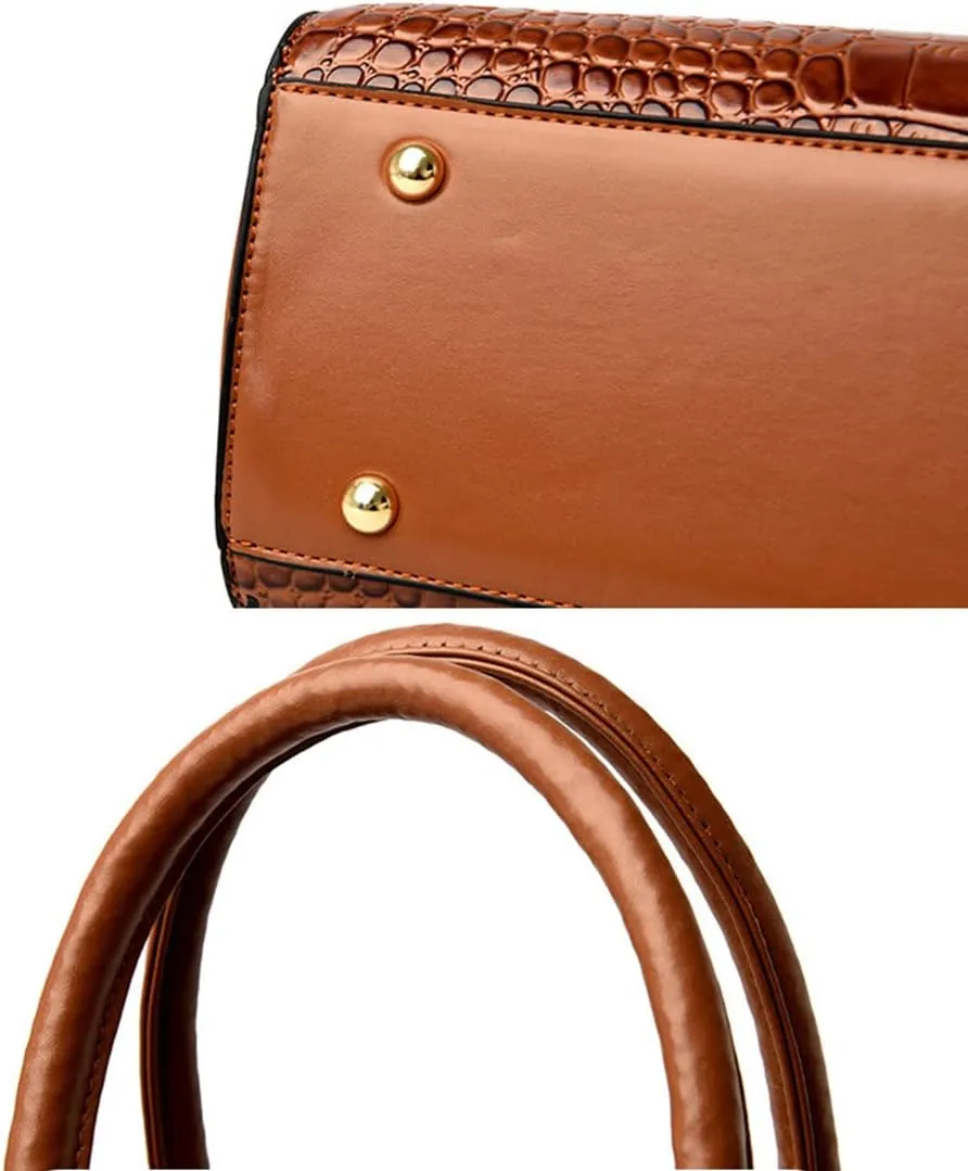 PU Leather Purses and Handbags Crossbody for Women Fashion Crocodile Pattern Top Handle Satchel Purse Set 3pcs (Brown)