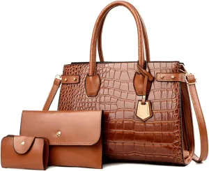 PU Leather Purses and Handbags Crossbody for Women Fashion Crocodile Pattern Top Handle Satchel Purse Set 3pcs (Brown)