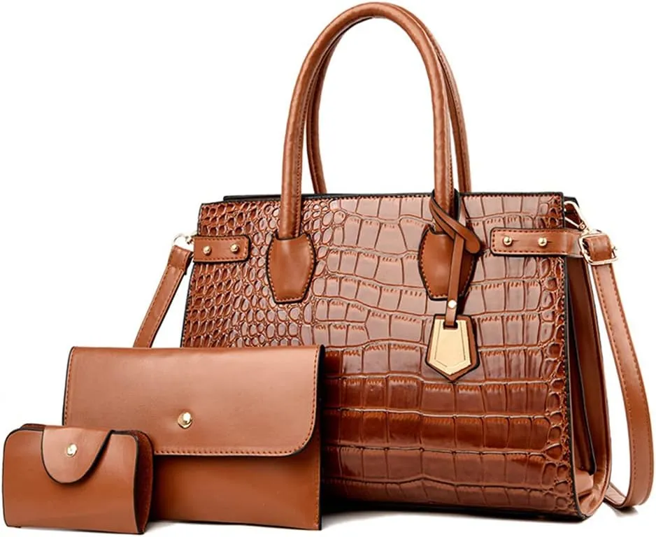 PU Leather Purses and Handbags Crossbody for Women Fashion Crocodile Pattern Top Handle Satchel Purse Set 3pcs (Brown)