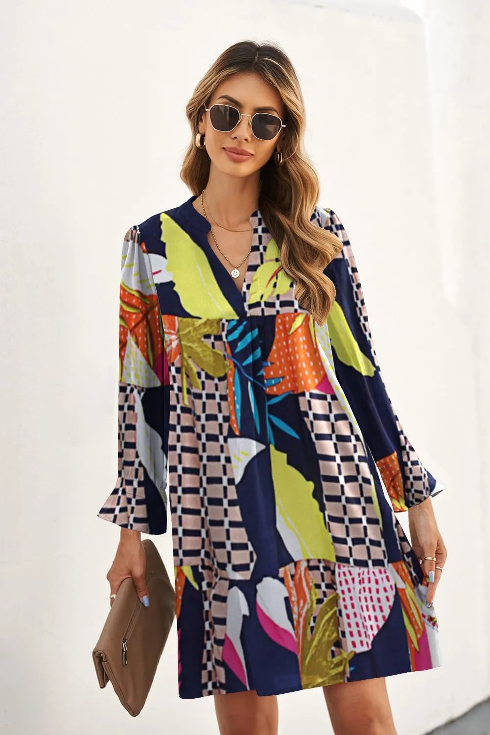 QACOHU Dresses for Women 2025 V Neck Spring Summer Ruffle Long Sleeve Simple Casual Loose Flowy Autumn Winter Shift Dress