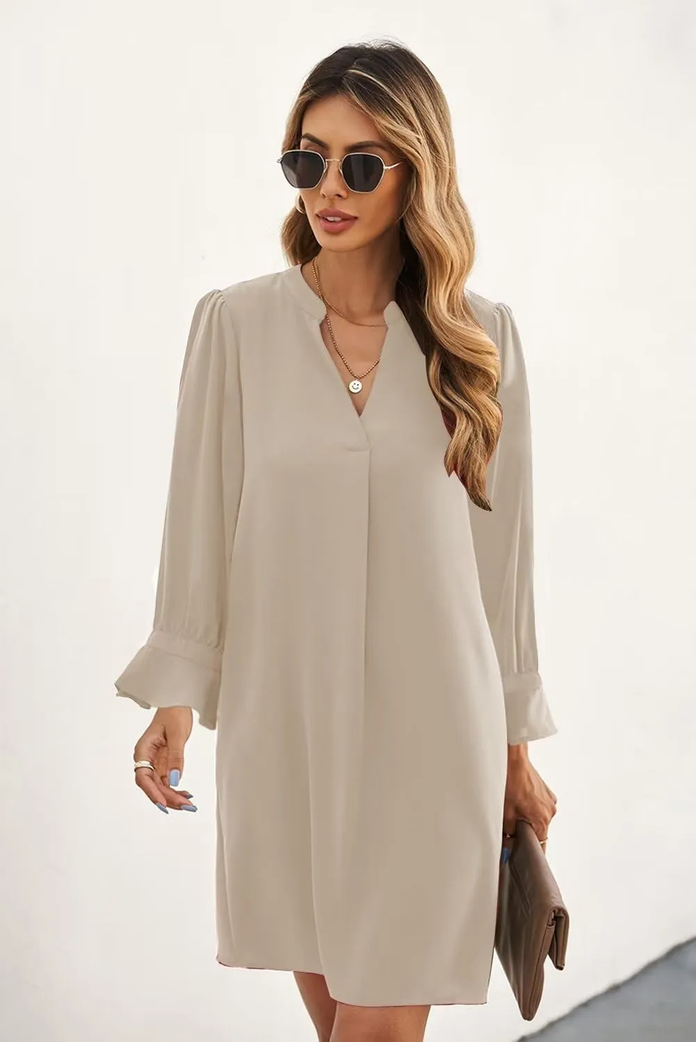 QACOHU Dresses for Women 2025 V Neck Spring Summer Ruffle Long Sleeve Simple Casual Loose Flowy Autumn Winter Shift Dress