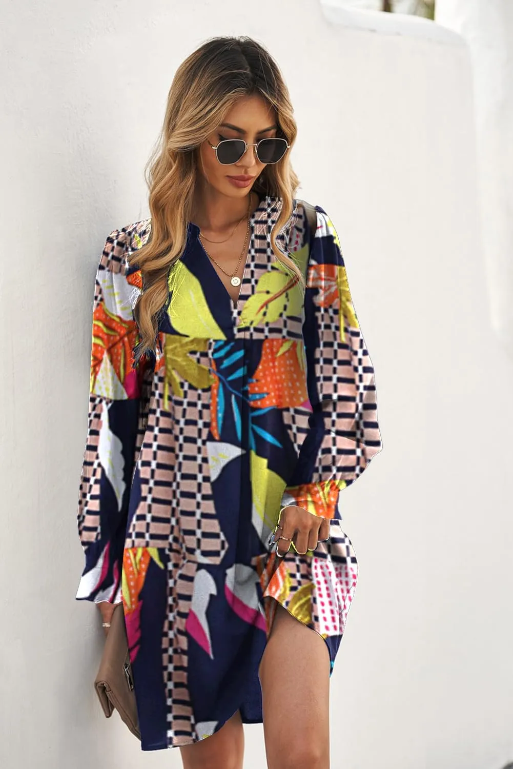 QACOHU Dresses for Women 2025 V Neck Spring Summer Ruffle Long Sleeve Simple Casual Loose Flowy Autumn Winter Shift Dress