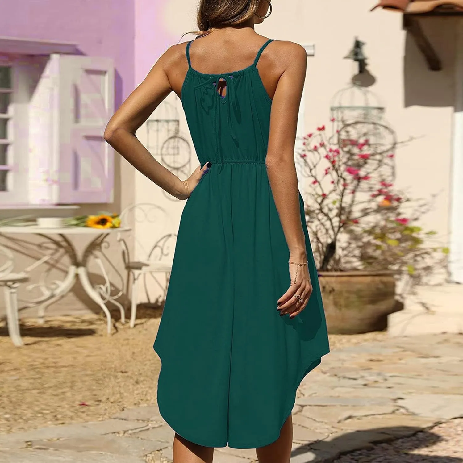 Qeaghou Women's Summer Sundress Sexy Sleeveless Halter Neck Boho Dress Cute Polka Dot High Side Ruffle Midi Dresses 2024