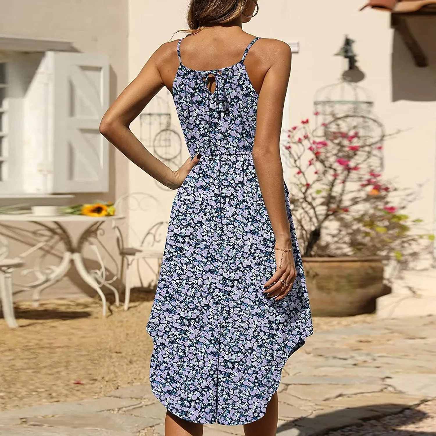 Qeaghou Women's Summer Sundress Sexy Sleeveless Halter Neck Boho Dress Cute Polka Dot High Side Ruffle Midi Dresses 2024