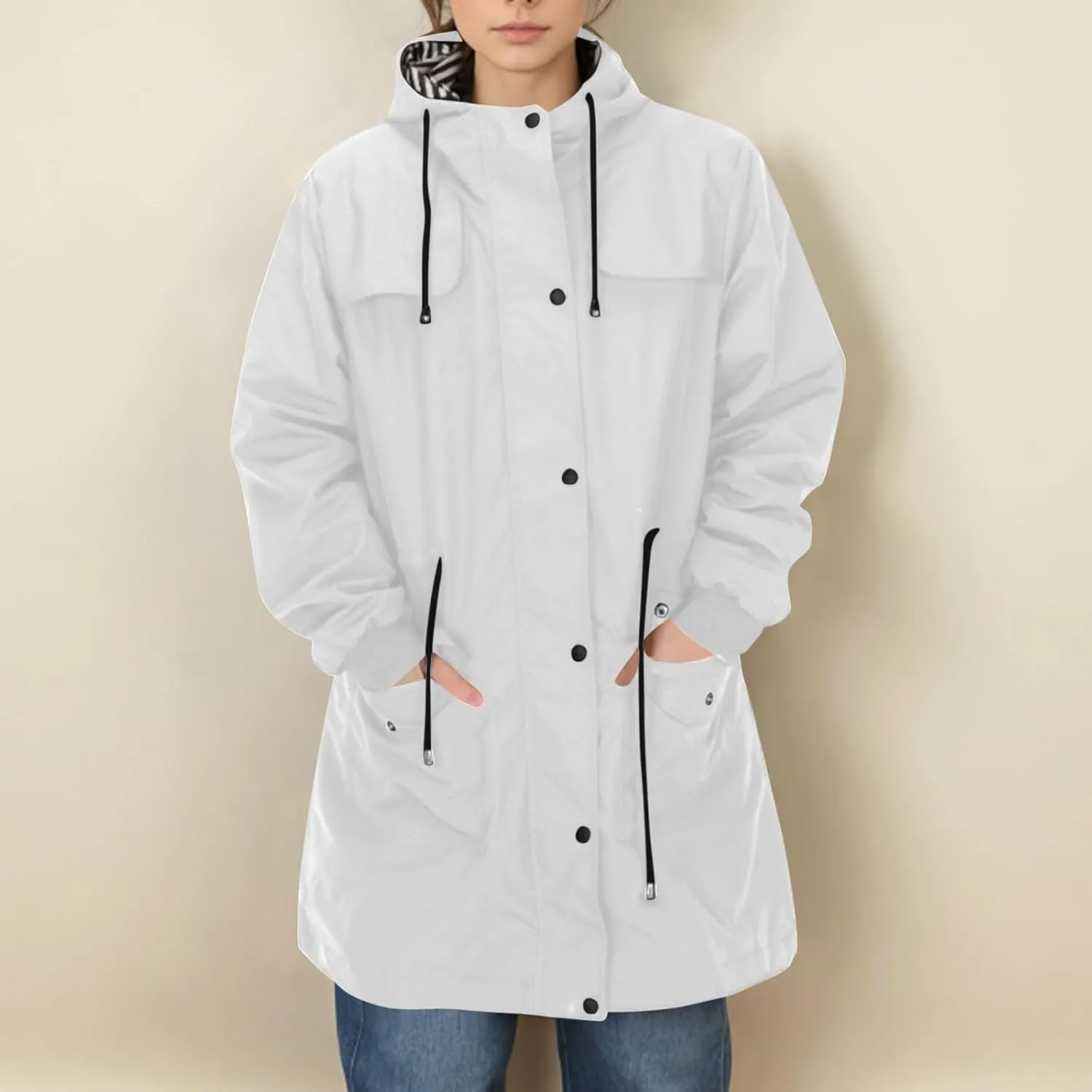 Raincoats for Women with Hood Waterproof Long Hooded Trench Coat Lined Windbreaker Travel Jacket Outdoor Raincoat Coat