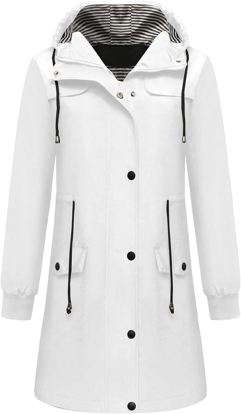Raincoats for Women with Hood Waterproof Long Hooded Trench Coat Lined Windbreaker Travel Jacket Outdoor Raincoat Coat