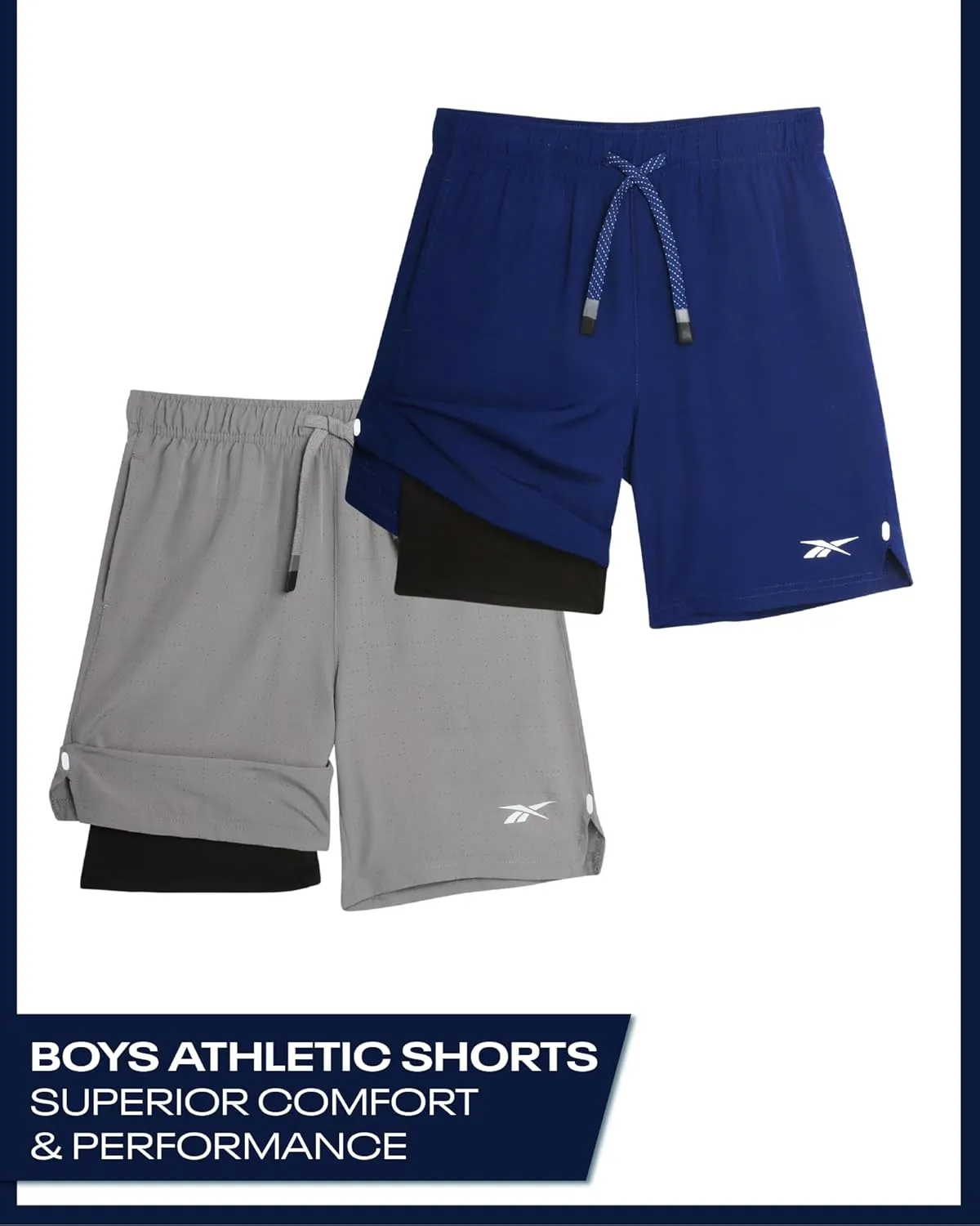 Reebok Boys Athletic Shorts 2 Pack  2-in-1 Boys Basketball Shorts with Compression Liner  Quick Dry Running Shorts