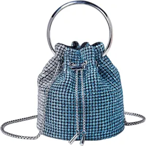 Rhinestone Evening Handbag Drawstring Shoulder Bling Purse Diamond Clutch Purse Party Wedding Prom Shopping Blue
