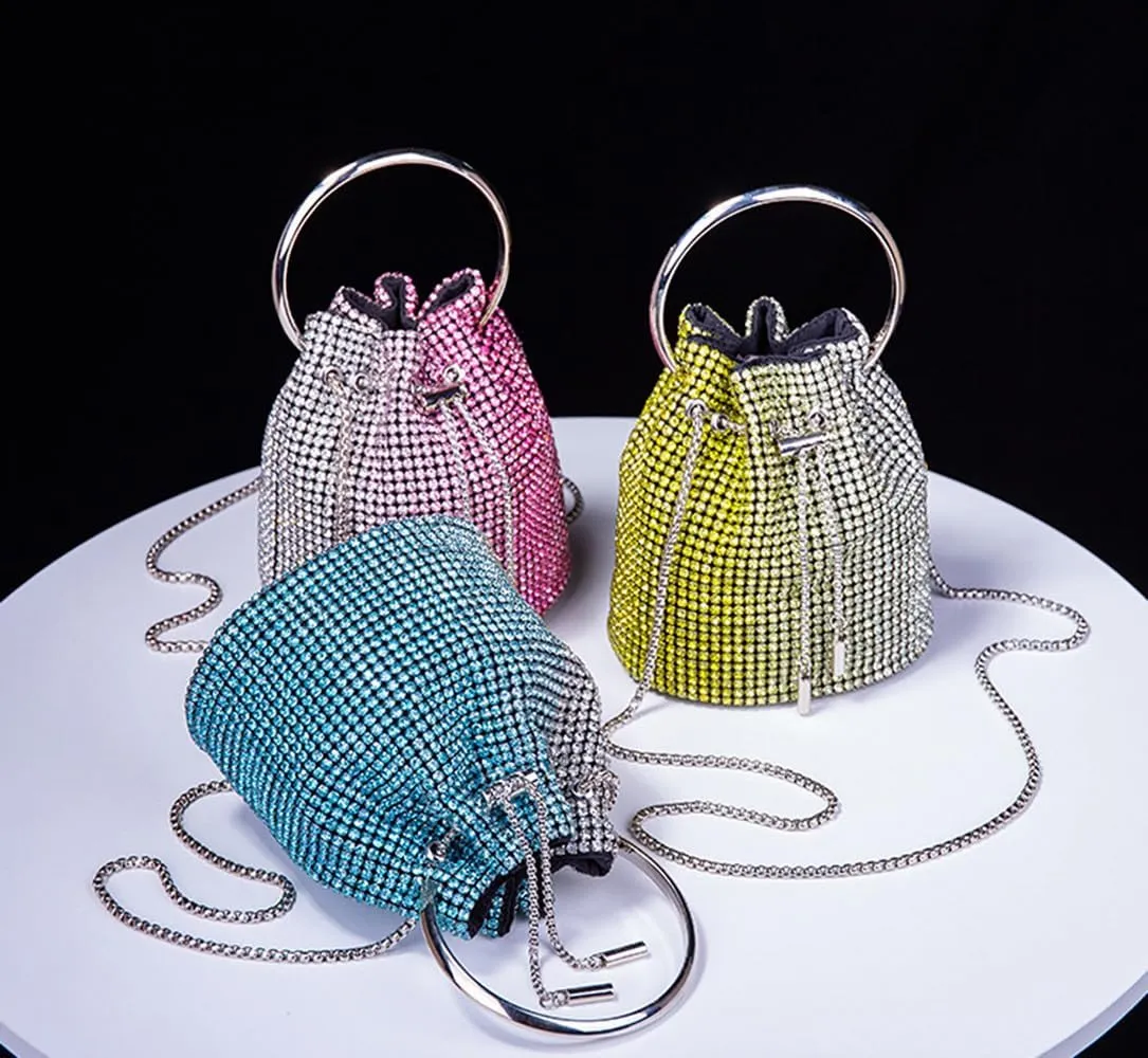 Rhinestone Evening Handbag Drawstring Shoulder Bling Purse Diamond Clutch Purse Party Wedding Prom Shopping Blue