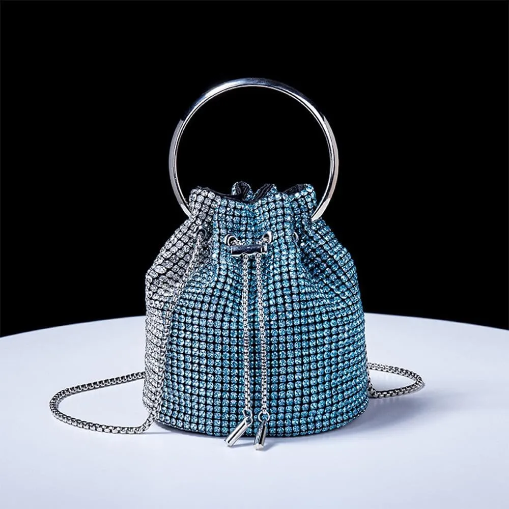 Rhinestone Evening Handbag Drawstring Shoulder Bling Purse Diamond Clutch Purse Party Wedding Prom Shopping Blue