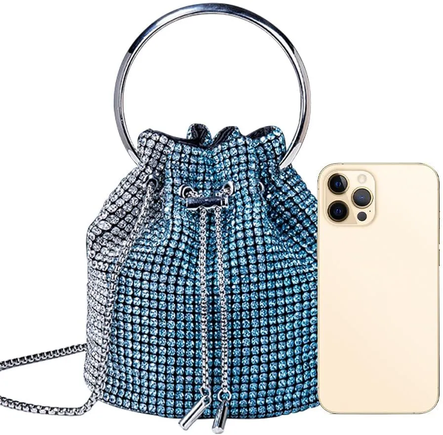 Rhinestone Evening Handbag Drawstring Shoulder Bling Purse Diamond Clutch Purse Party Wedding Prom Shopping Blue