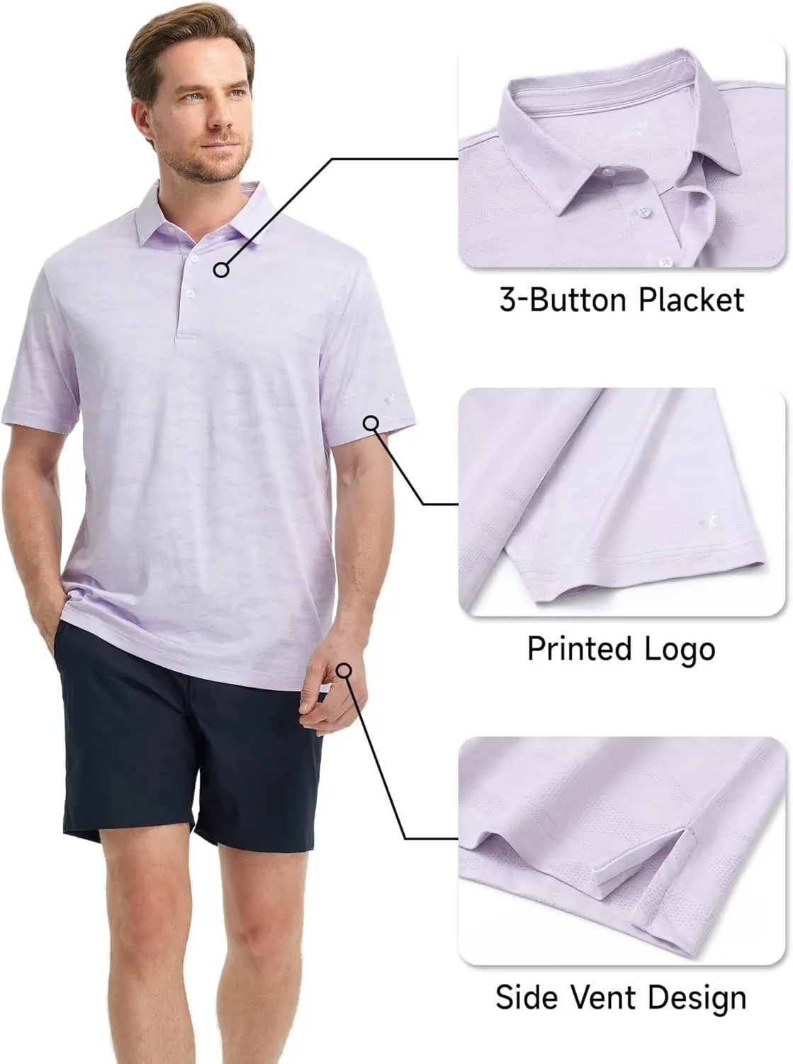 Rouen Polo Shirts for Men Moisture Wicking Quick Dry Lightweight Jacquard Performance Polo Shirts Casual Collared Golf Shirts