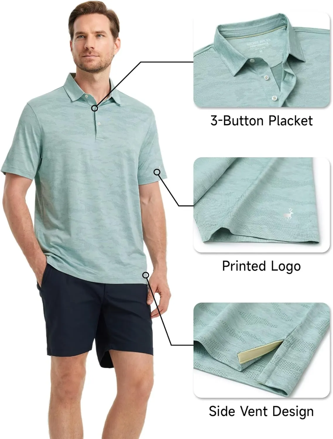 Rouen Polo Shirts for Men Moisture Wicking Quick Dry Lightweight Jacquard Performance Polo Shirts Casual Collared Golf Shirts