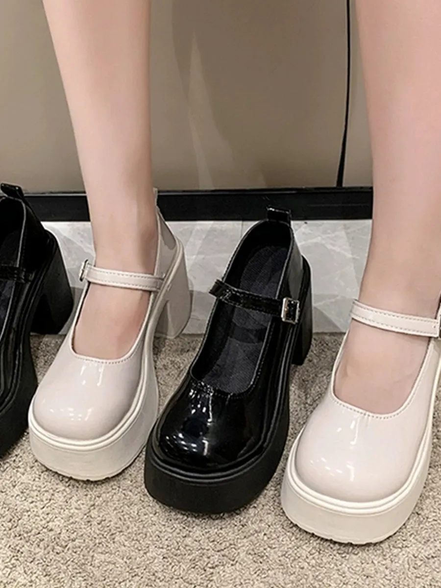 Round Toe Chunky Heeled Ankle Strap Mary Jane Pumps