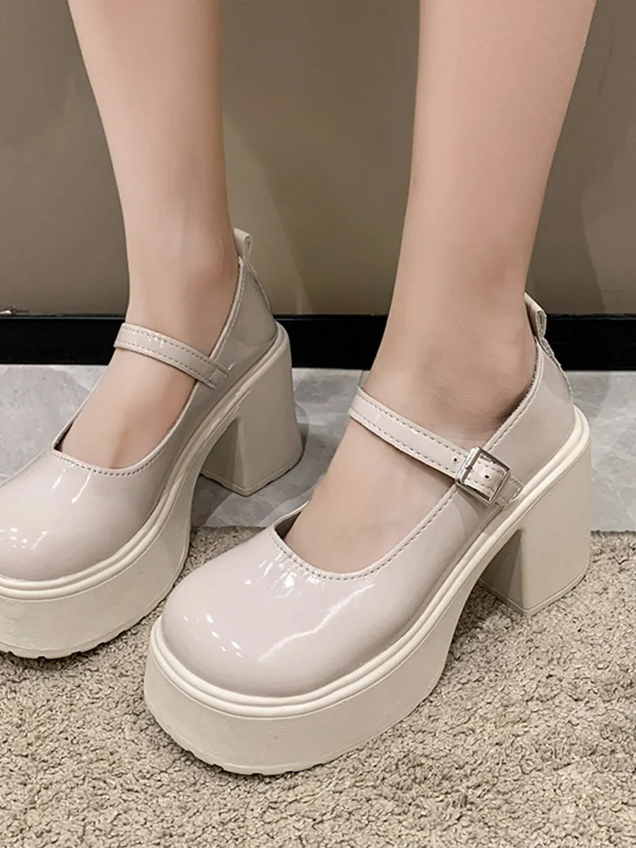 Round Toe Chunky Heeled Ankle Strap Mary Jane Pumps