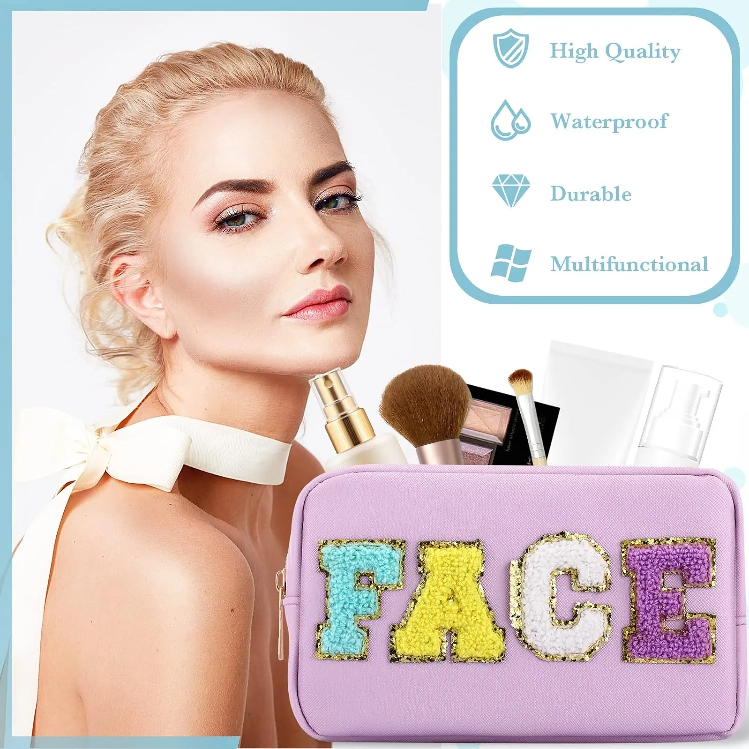 Sanwuta 4 Pcs Hair Face Skin Travel Bag Set Preppy Makeup Pouch PU Leather Skincare Bag Waterproof Cosmetic Organizer Birthday Christmas Gifts(Blue, Pink, Green, Purple,Fresh Style)