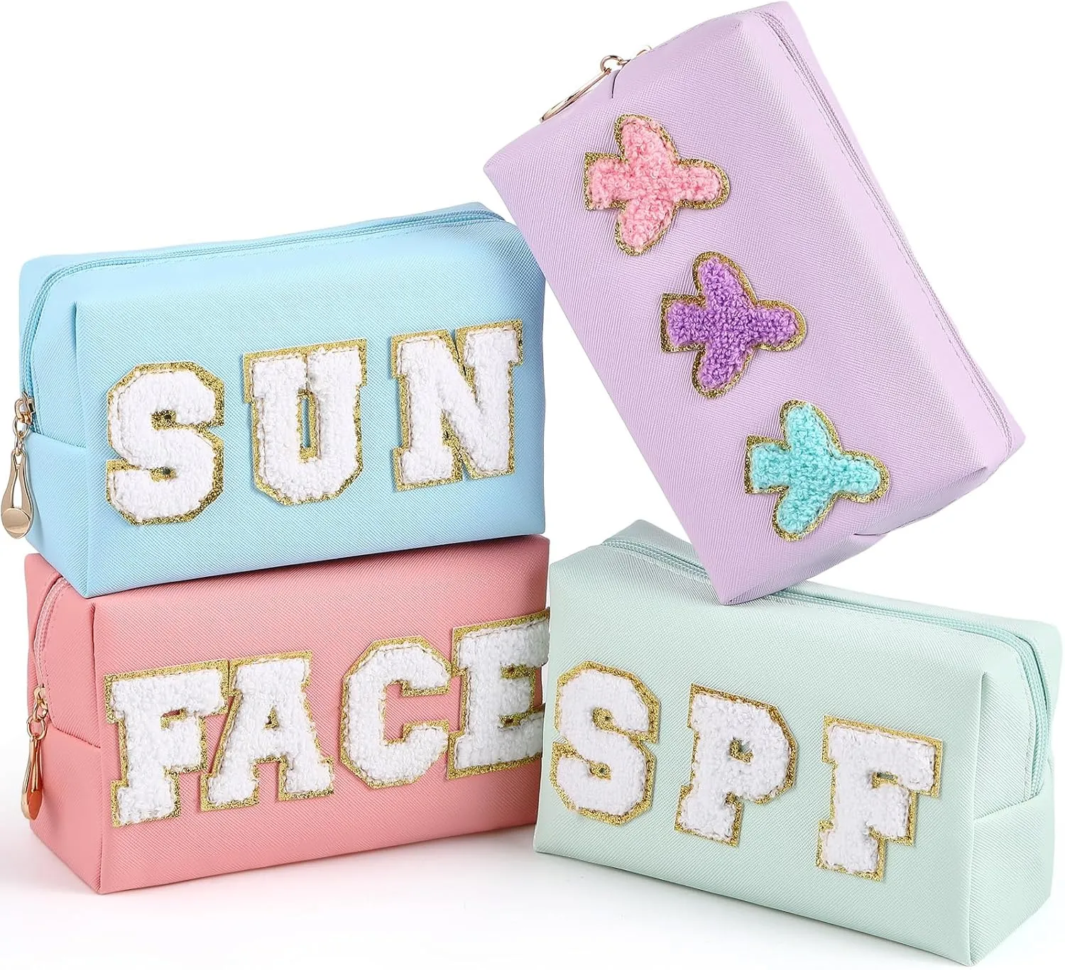 Sanwuta 4 Pcs Hair Face Skin Travel Bag Set Preppy Makeup Pouch PU Leather Skincare Bag Waterproof Cosmetic Organizer Birthday Christmas Gifts(Pink, Mint Green, Blue, Purple,Fresh Style)