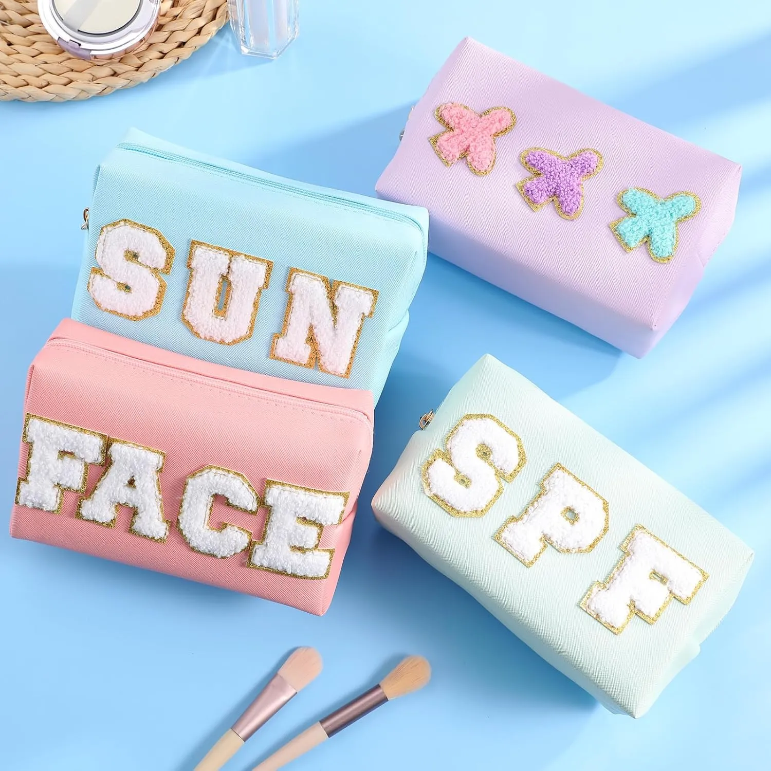 Sanwuta 4 Pcs Hair Face Skin Travel Bag Set Preppy Makeup Pouch PU Leather Skincare Bag Waterproof Cosmetic Organizer Birthday Christmas Gifts(Pink, Mint Green, Blue, Purple,Fresh Style)