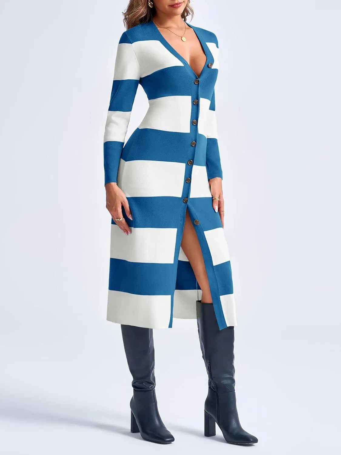 Saodimallsu Womens Striped Sweater Dress Button V Neck Long Sleeve Knit Fall Trendy Bodycon Midi Dresses Cardigans