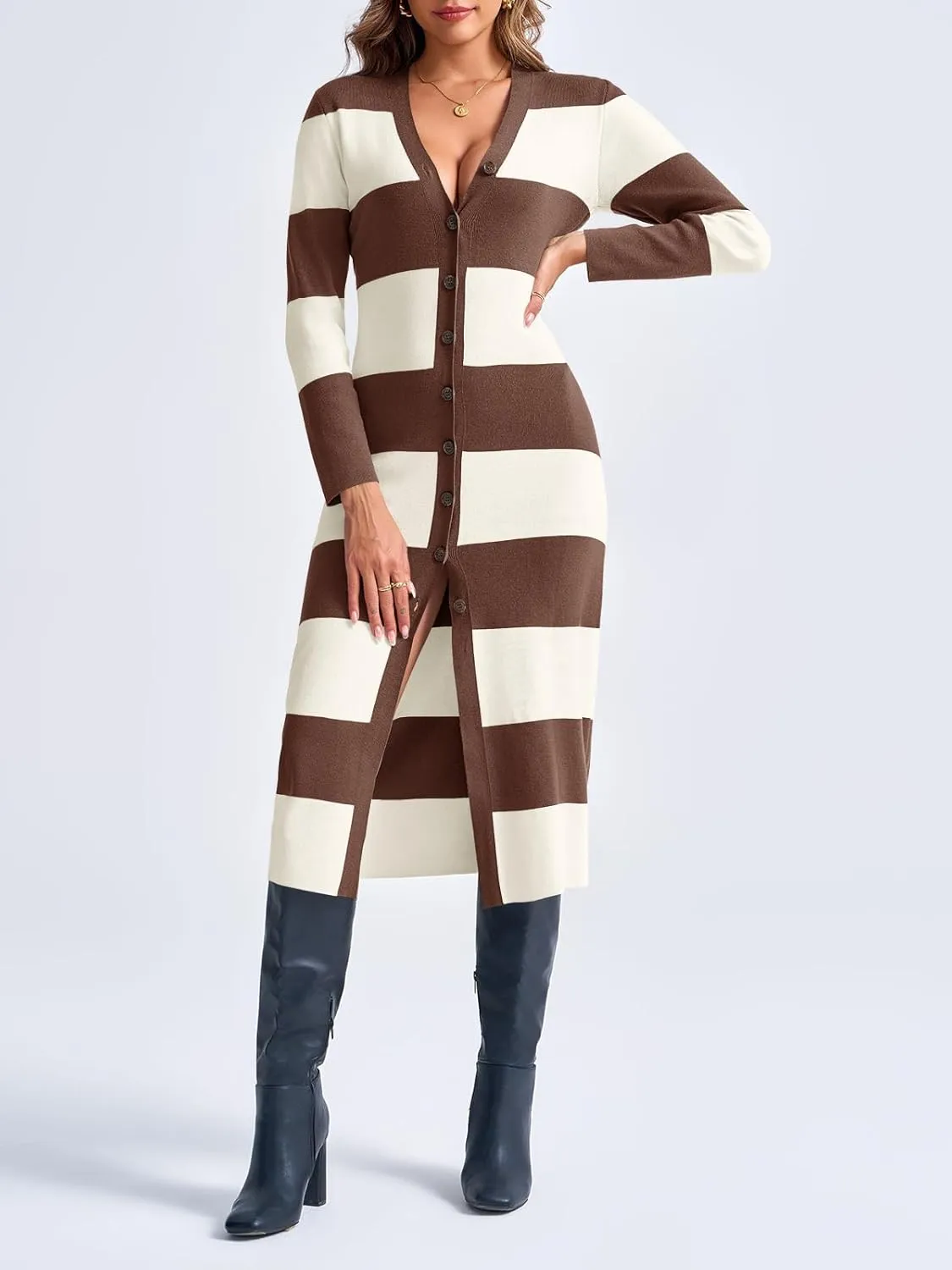 Saodimallsu Womens Striped Sweater Dress Button V Neck Long Sleeve Knit Fall Trendy Bodycon Midi Dresses Cardigans