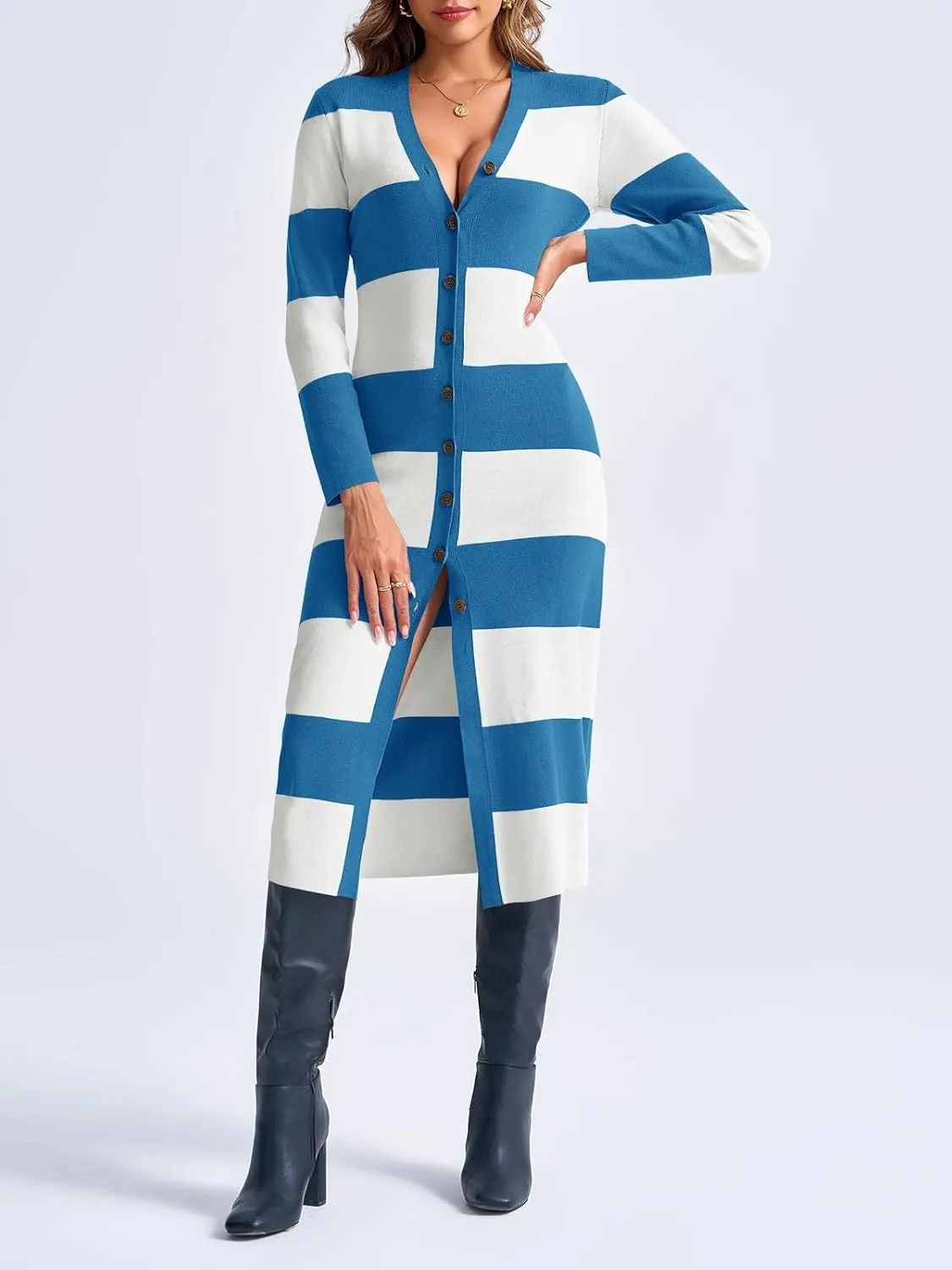 Saodimallsu Womens Striped Sweater Dress Button V Neck Long Sleeve Knit Fall Trendy Bodycon Midi Dresses Cardigans