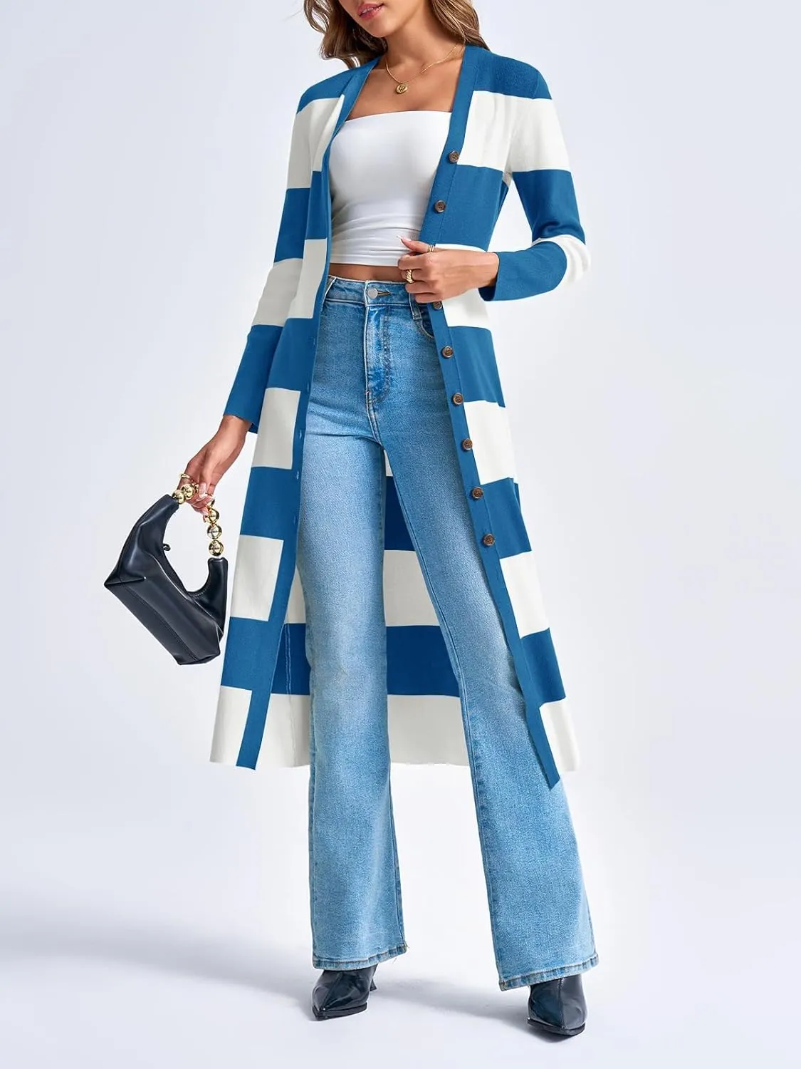 Saodimallsu Womens Striped Sweater Dress Button V Neck Long Sleeve Knit Fall Trendy Bodycon Midi Dresses Cardigans