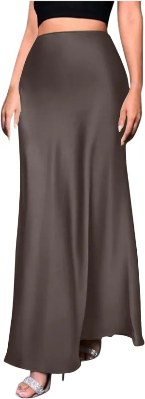 Silk Satin Maxi Skirt for Women Solid Fashion Elegant High Waisted Skirts Summer Cocktail Party Wedding A Line Skort
