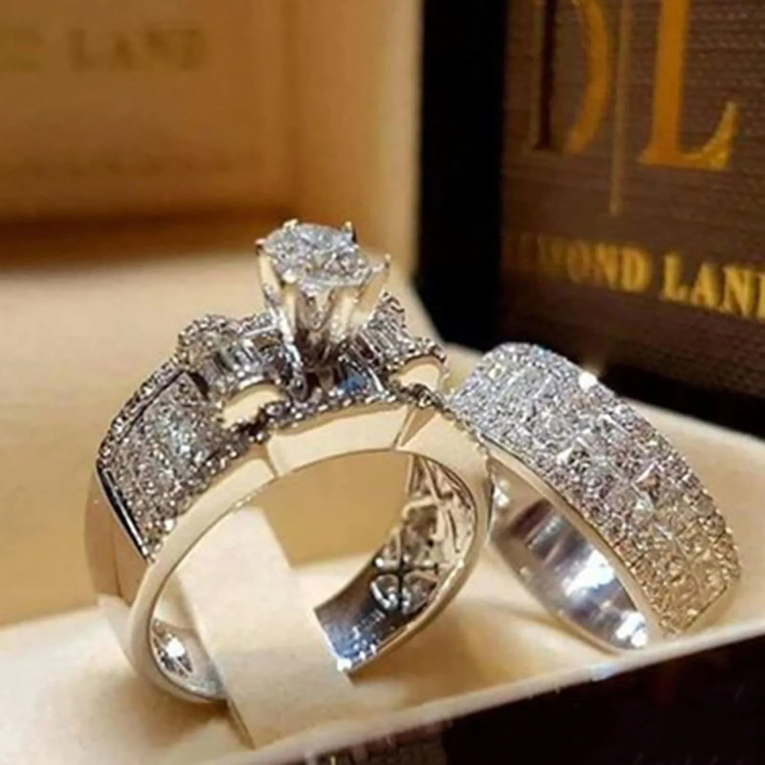 Silver Bridal Set Cubic Zirconia Engagement Wedding Ring Band Women's 2pc Valentine's Day Rings for Couples
