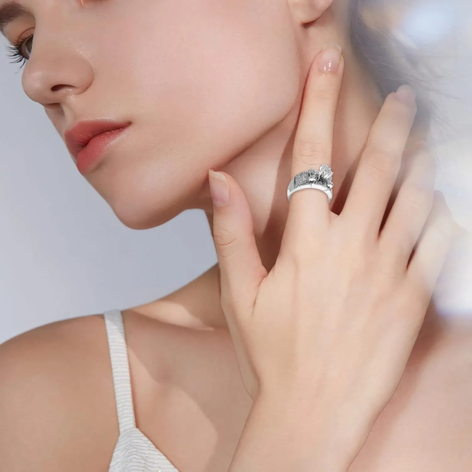 Silver Bridal Set Cubic Zirconia Engagement Wedding Ring Band Women's 2pc Valentine's Day Rings for Couples
