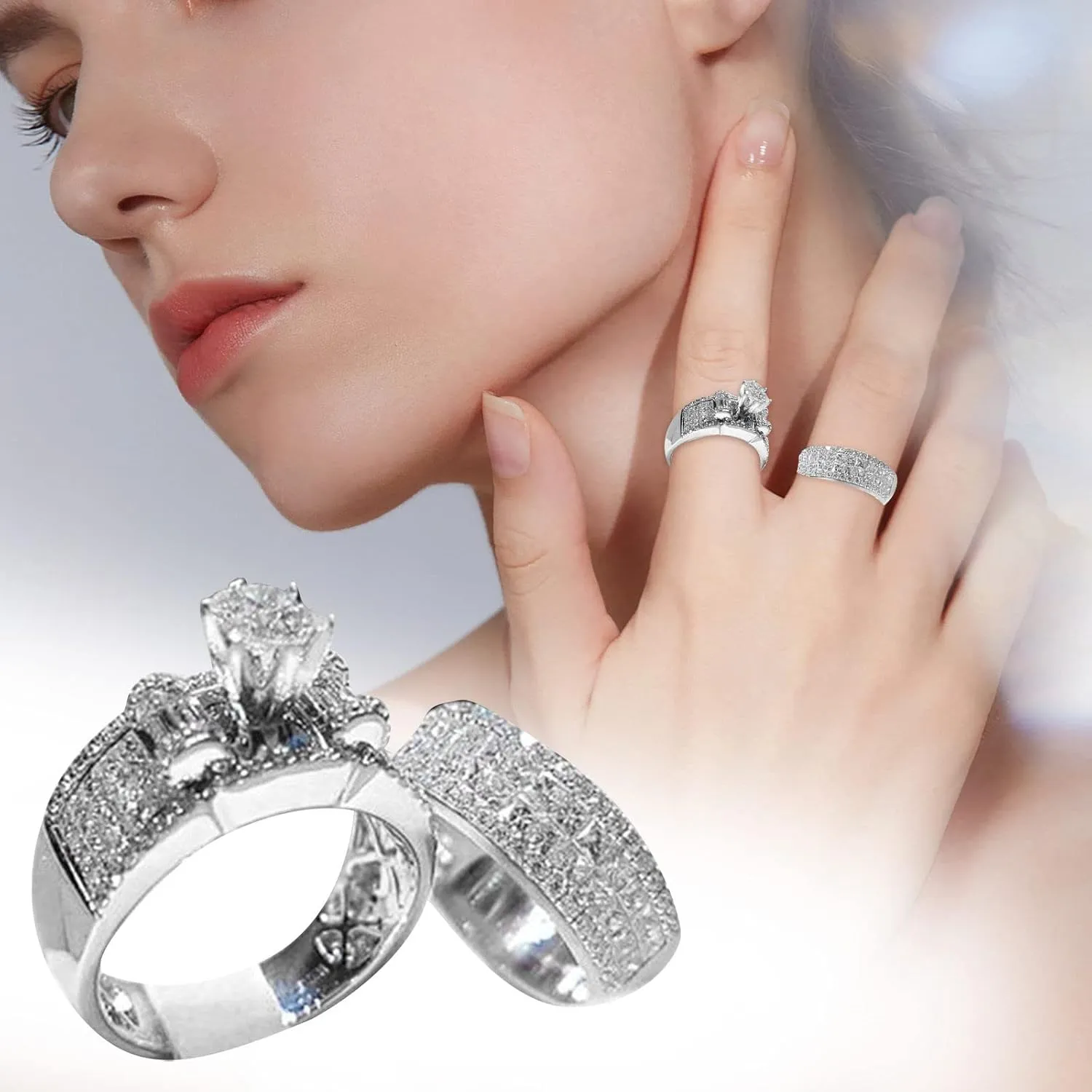 Silver Bridal Set Cubic Zirconia Engagement Wedding Ring Band Women's 2pc Valentine's Day Rings for Couples