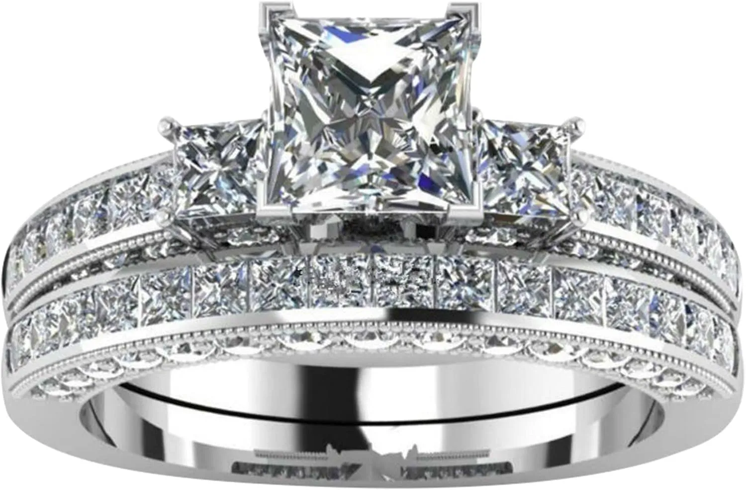 Silver Three Stone Princess Cut Zirconia Wedding Anniversary Promise Ring Engagement Rings for Women Bridal Set