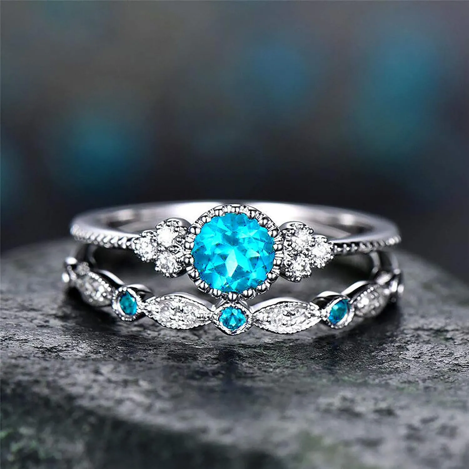 Silver Wedding Engagement Rings Dainty Fashion Round Cubic Zirconia CZ Anniversary Bridal Ring Set for Women