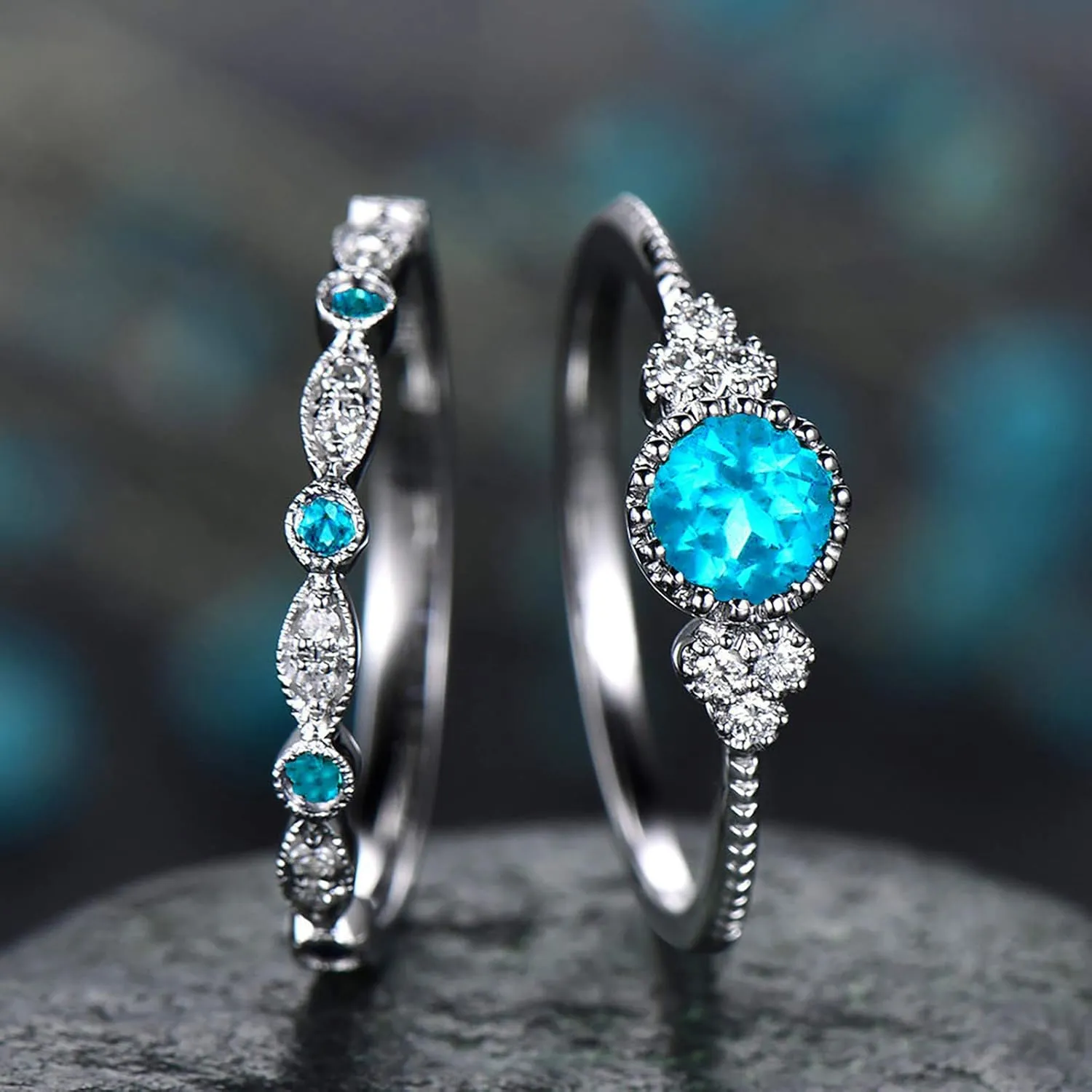 Silver Wedding Engagement Rings Dainty Fashion Round Cubic Zirconia CZ Anniversary Bridal Ring Set for Women