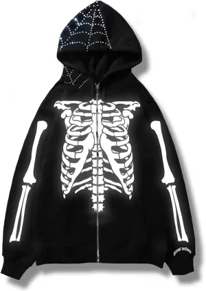 Skeleton Full Zip Up Hoodies Women Men Cosplay Skull Graphic Print Sweatshirt Gothic Oversized Jackets