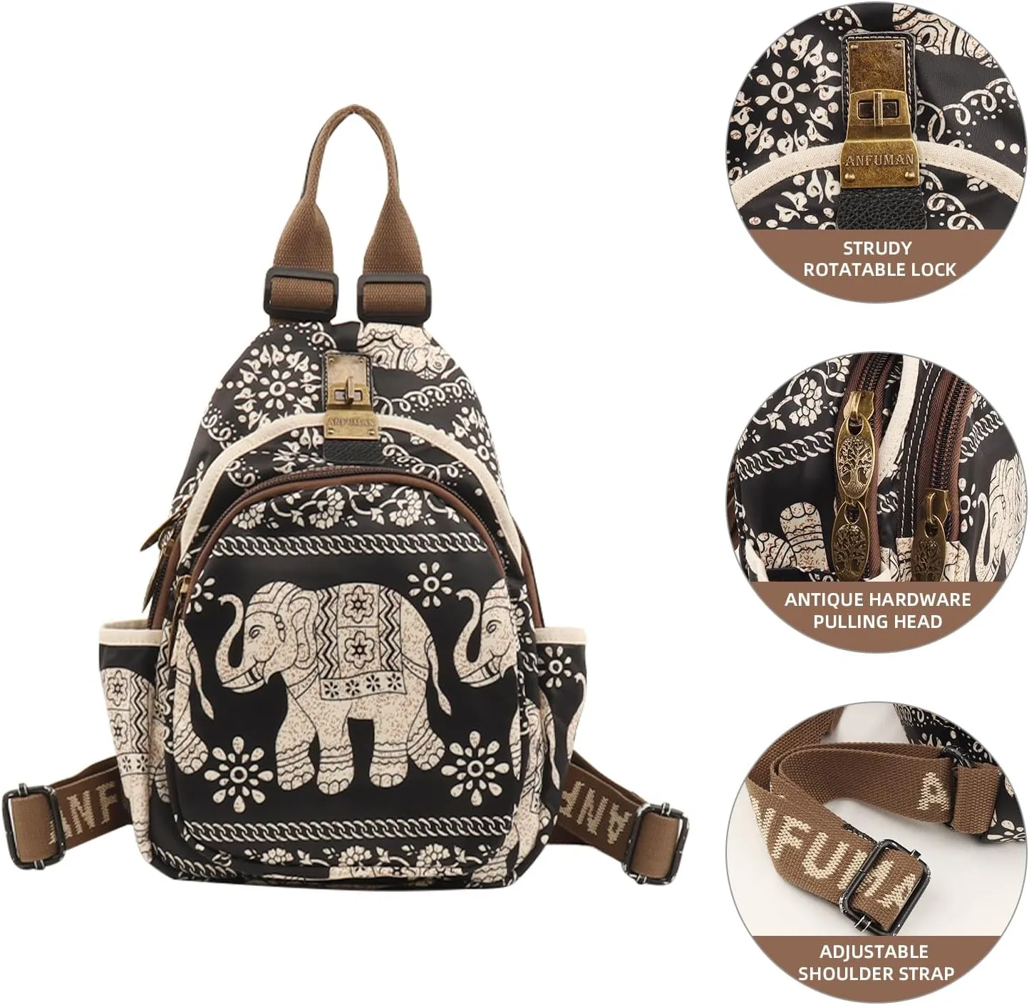 Small Backpacks Purse for Women Mini Waterproof Colorful Print Leisure Travel Bags (Black elephant)