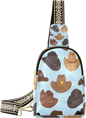 Small Sling Bag for Women Cartoon Cowboy Hats Trendy Crossbody Bag Fanny Pack with Guitar Strap Cute Leather Chest Bag for Women Outdoor Travel Outfit