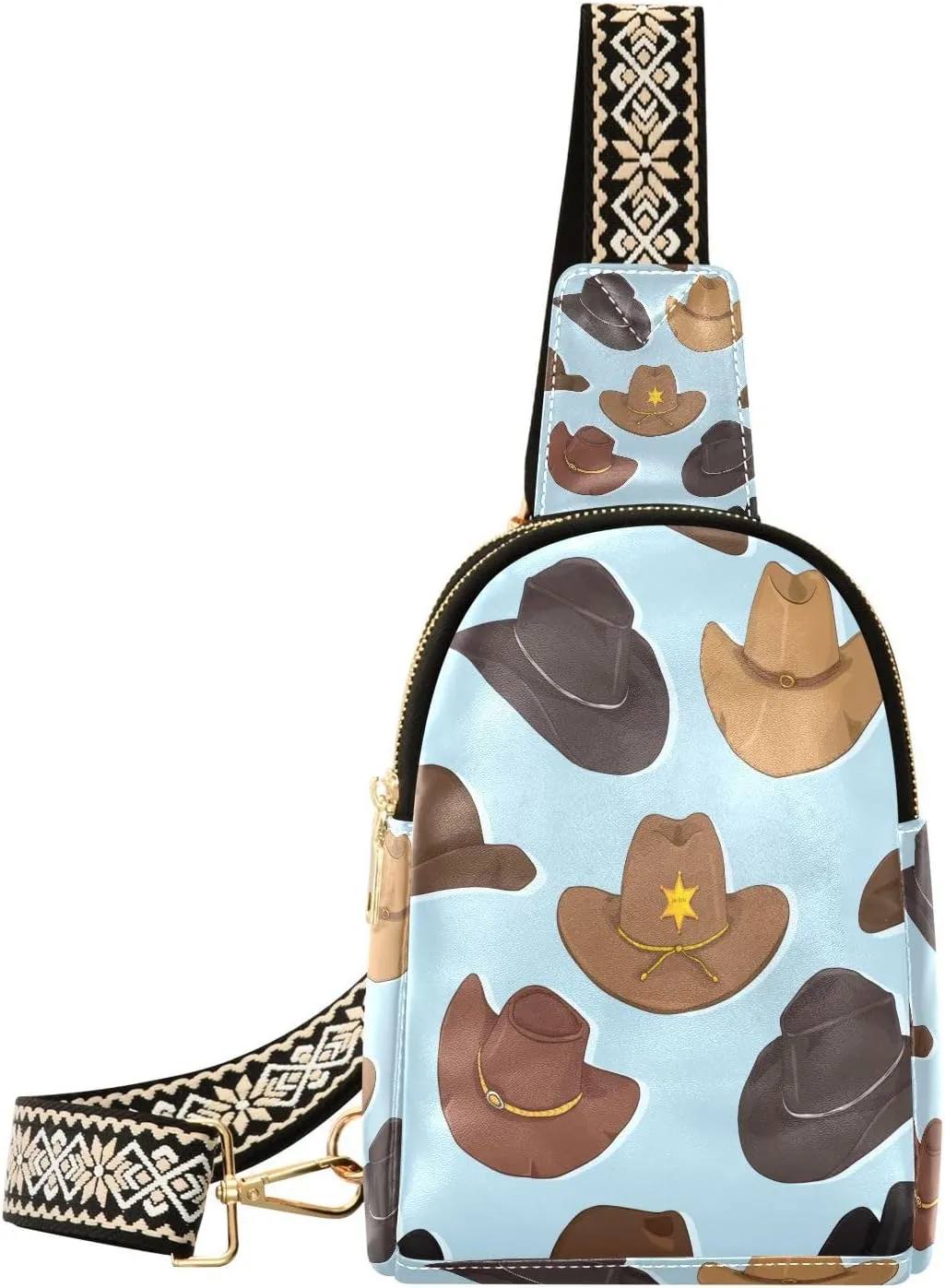 Small Sling Bag for Women Cartoon Cowboy Hats Trendy Crossbody Bag Fanny Pack with Guitar Strap Cute Leather Chest Bag for Women Outdoor Travel Outfit