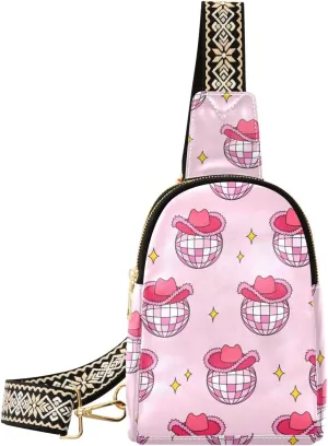 Small Sling Bag for Women Disco Balls and Cowby Hats PC Leather Fanny Pack Crossbody Pink Fashion Waist Packs Chest Bag for Travel Sports Running Hiking