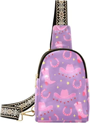 Small Sling Bag for Women Pink Cowgirl Boots PC Leather Fanny Pack Crossbody Horseshoes and Hats Fashion Waist Packs Chest Bag for Travel Sports Running Hiking