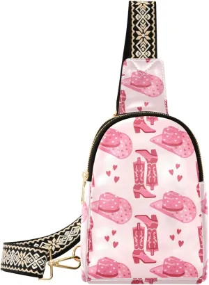 Small Sling Bag for Women Retro Cowgirl Hats and Cowboy Boots PC Leather Fanny Pack Crossbody Pink Fashion Waist Packs Chest Bag for Travel Sports Running Hiking